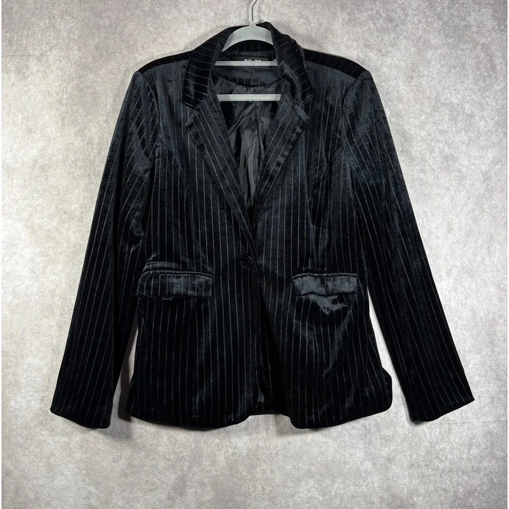 DO+BE Blazer Women M‎ Black Pinstripe Velvet Single Button Career Chic Mob Wives